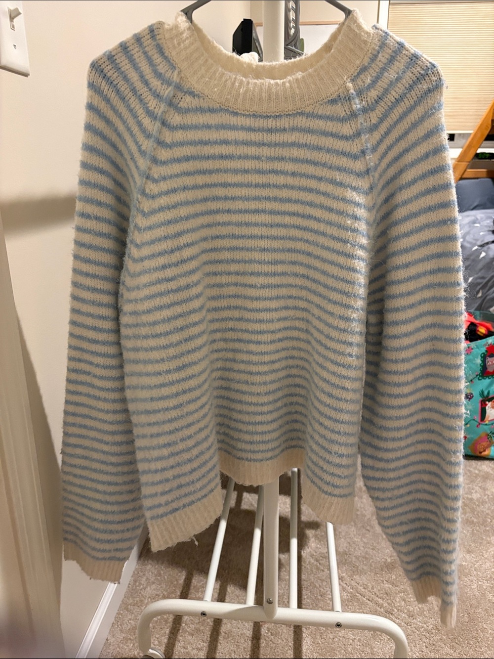 American Eagle Cozy Striped Crewneck Sweater - Light Blue & Cream